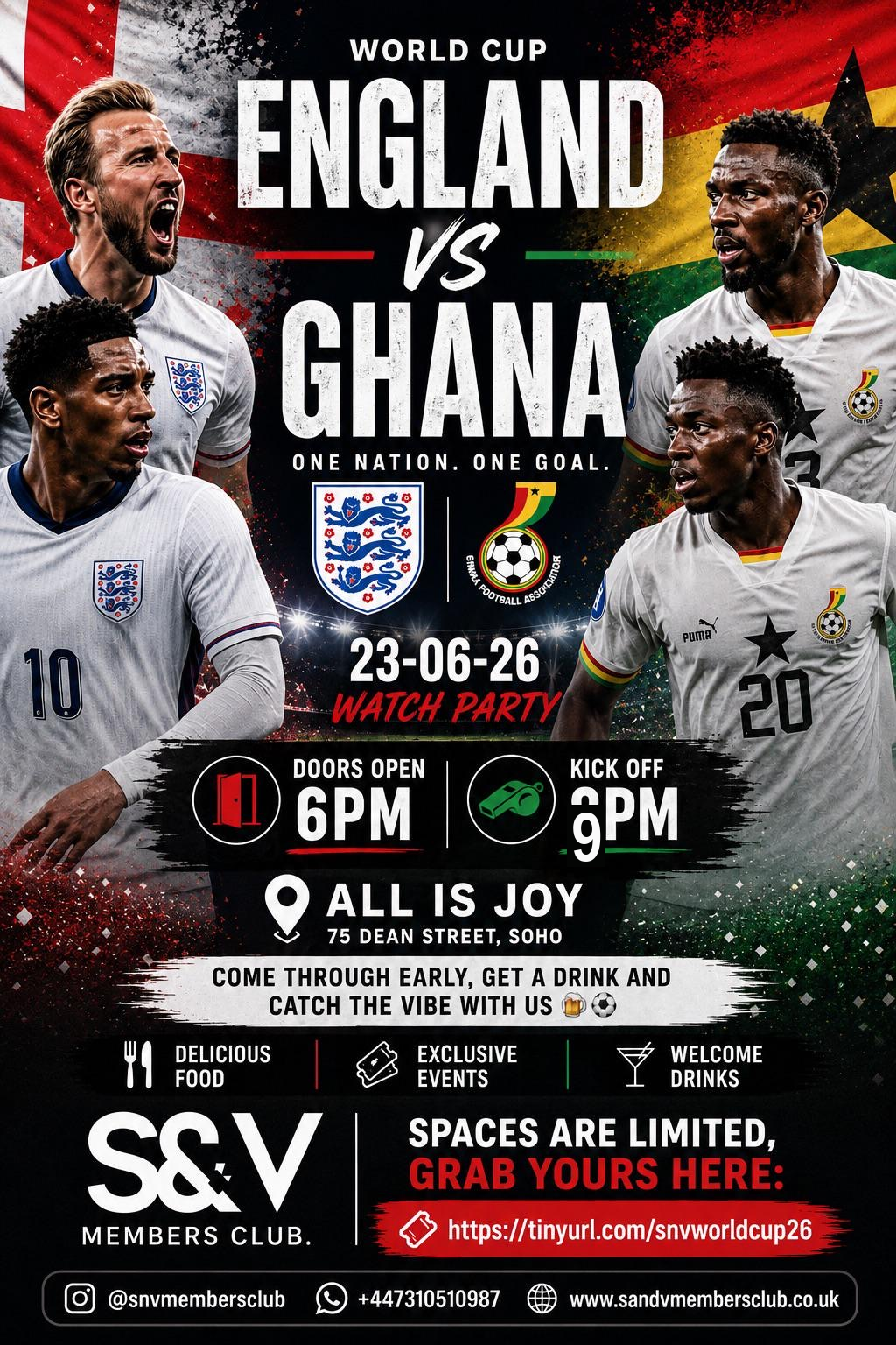 England vs Ghana watch party — Tue 23 June, doors 6pm, kick off 9pm, All Is Joy, Soho