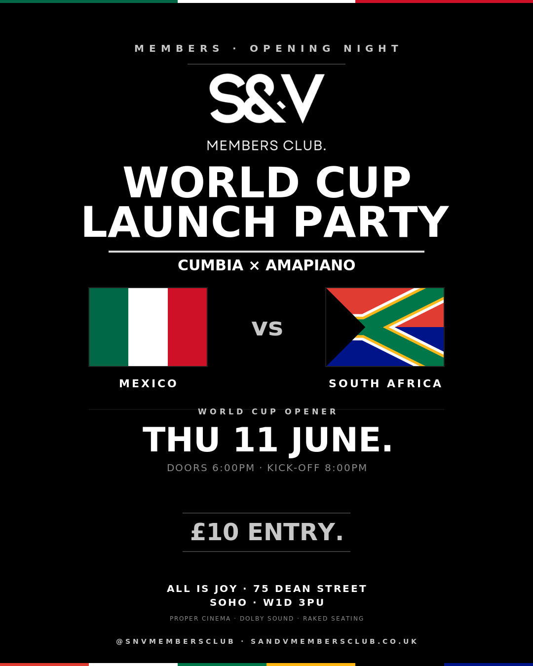 S&V World Cup Launch Party — Mexico v South Africa, Thu 11 June, £10 entry